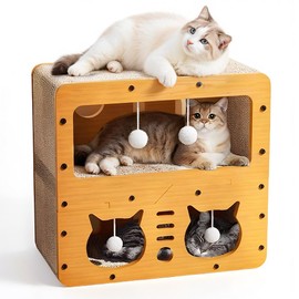 Breathable Cardboard Cat Scratcher House,Cat House for Indoor Cats,Wooden Cats Beds Condos，Bedsure Kitten Cave Furniture，Cute Playhouse Box，Large Size，Suitable for Cats up to 15 lbs