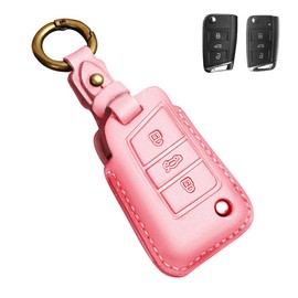 Key Cover, For Volkswagen Key Case, Smart Key Case, Key Cover, Designed for Volkswagen Specific, Genuine Leather, Suitable for VW Golf, Polo, Passat, Jetta, Etc., Key Case, Pink (3 Buttons) [Parallel
