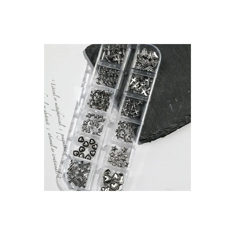 120pcs Gothic Metal Nail Charms Cross Heart Star Accents