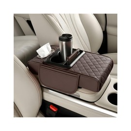 Bittwee Car Center Console Armrest Pillow, 4 in 1 Vehicle Armrest Box Pad with Cup Holder & Tissue Holder, Comfortable Automotive Middle Console Protector, Universal for SUV RV Truck (Coffee)