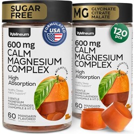 Paquete de 2 gomitas de magnesio calmantes de 600 mg – Complejo de magnesio masticables 6 en 1 – glicinato, citrato, malato, vitamina D, hierbas – Alt