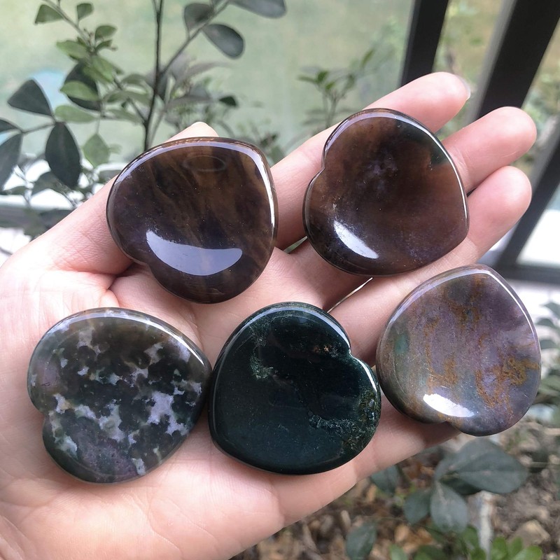 Fekuar Natural Moss Agate Crystal Thumb Worry Stone, Hand Carved