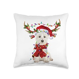 Santa Westie Dog Reindeer Christmas Lights Throw Pillow