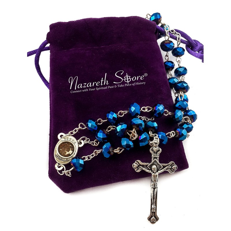 Nazareth Store Deep Blue Crystal Beads Rosary Catholic Necklace Holy