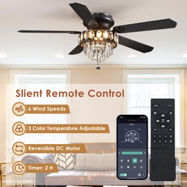 Asyko Crystal Ceiling Fan Fandelier with Lights - 52" Outdoor Fans with Remote Control，Noiseless DC Motor, Retro/Farmhouse Lighting, Dining Room,Living Room