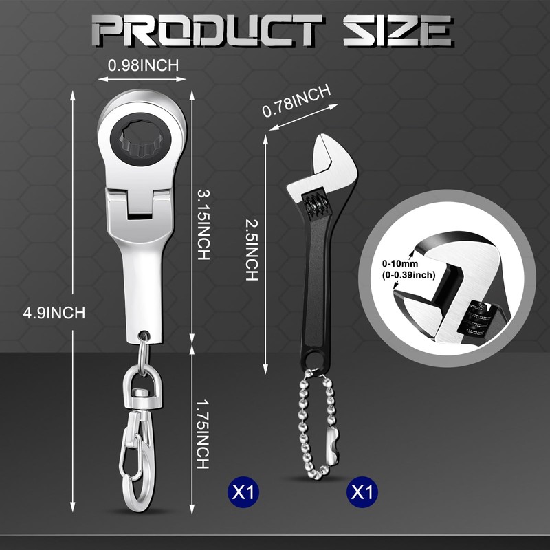 Chumia 2 Sets 10mm Ratchet Wrench Keychain Key Ring and