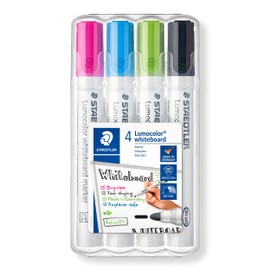 STAEDTLER Lumocolor 351 WP4-1 Whiteboard Marker - Dry and Residue-Free Erasable from Whiteboards, Bullet Tip, Approx. 2 mm Line Width, High Quality, Set of 4 Colours