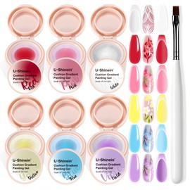U-Shinein Cushion Gradient Painting Gel Kit, 6 Color Ombre Nails Aura Nails Full Coverage Precise Control of Each Dip With Brush Matte Effect Non-Wipe Long Lasting Soak Off UV Led