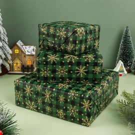 FIEHALA Kraft Reversible Christmas Wrapping Paper Jumbo Roll - Green Buffalo Plaid & Snowflakes Patterns - 17 inches x 100 Feet,Cut line on Reverse