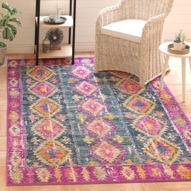 SAFAVIEH Madison Collection 6'7" Square Fuchsia/Blue MAD129F Boho Chic Distressed Non-Shedding Living Room Bedroom Dining Home Office Area Rug