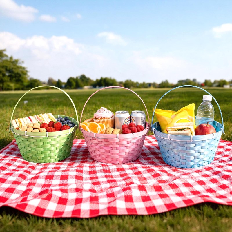 3 Pcs Large Woven Picnic Basket Bamboo Chip Woven Basket