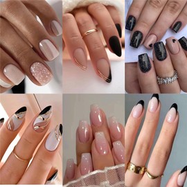6 Packs (144 Pcs) Medium Press on Nails Almond,Short Press on Nails Square,French Tip Fake Nails Kit Glue on Nails 24pcs in a box False Nails Set Stick on Nails for Women