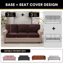 PrinceDeco 6 Piece Luxury Thick Velvet Sofa Covers（3 Base Cover Plus 3 Seat Cushion Covers） Couch Covers for 3 Cushion Couch Sofa Couch Cover for Dogs, Machine Washable(Sofa, Brown)