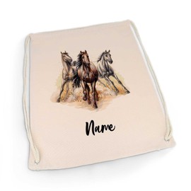 GRAVURZEILE Printed Gym Bag - Horse Herd & Name of Choice - Sports Bag Backpack Daypack Gym Bag with Drawstring - for School & Leisure Sports - for Children Boys & Girls - 12 Litres 33 x 45 cm, beige