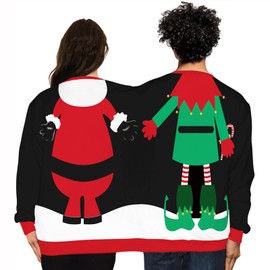 GRAJTCIN Men's and Women's Two Person Ugly Christmas Sweater 3D Printed Couple Sweatshirt Adult Jumper Black (Santa & Elf)