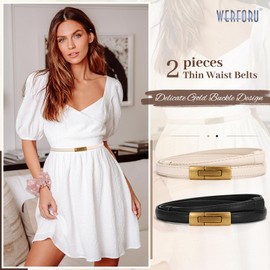 WERFORU Women's Skinny Leather Belt Adjustable Thin Waist Belt Decorative Belt for Dresses Jeans Coat with Gold Twist Buckle, Black and beige