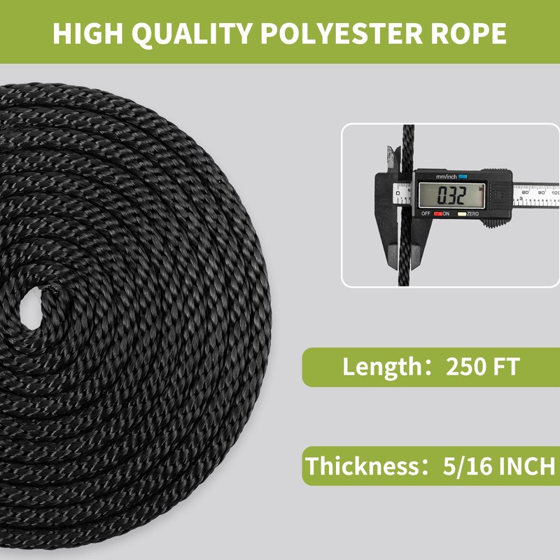 5/16 Inch × 250 FT Black Polyester Solid Braid Rope