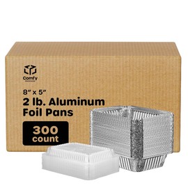 Comfy Package [Case of 300 2 lb Capacity Disposable Aluminum Foil Pans with Lids, 8x5 inch Take-Out Pans, with Clear Plastic Dome Lids - Great for Baking, Cooking, Storage, and Freezing
