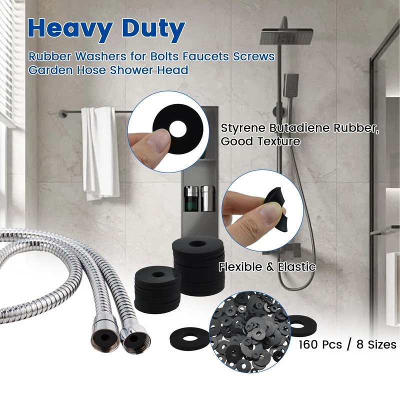 ZIUZI 160 Pcs Flat Rubber Washers Assortment Kit, 10/10.5/12/16/18/20/25/30mm Black