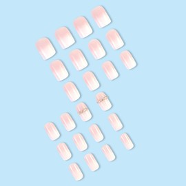 JUSTOTRY 24 Pcs White and Pink Solid Short False Nails Square Pattern,Glossy French Tips Press on Nails,Diamante Fake Nails with Nail Glue,Squoval Stick on Nails for Women and Teens Nails Art