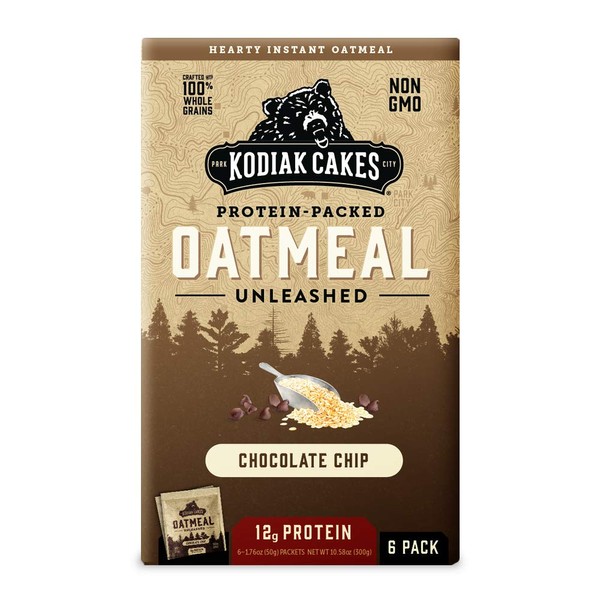 Kodiak Cakes Protein-Packed Oatmeal Unleashed, Chocolate Chip flavor, 6 packets per box, NON GMO, Crafted with 100% Whole Grains