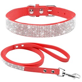 Rhinestone Dog Collar, Cute Dazzling Sparkling Soft Velvet Leather Dog Collar and Leash Set for Small Pet Dog Cat Puppy Collar (S:27 - 33 cm, Red)