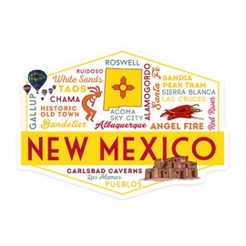 Die Cut Sticker New Mexico, Typography and Icons, Contour Vinyl Sticker 3 to 6 inches, (Waterproof Decal for Cars, Water Bottles, Laptops, Coolers), Large
