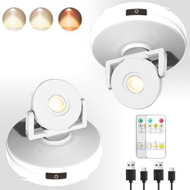 Wireless LED Spotlight 2 Pack, Rechargeable Uplights Battery Powered Picture Lights with Remote, Stick Spot Lights Puck Light with Timer Dimmable for Wall Display Dartboard Painting Accent Closet