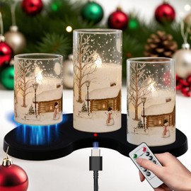 DRomance Snowman Glass Flameless Candles Rechargeable Battery Operated with Remote and Timer Real Wax LED Flickering Pillar Candles White Cold Light Window Christmas Holiday Decor D3 x 4",5",6"