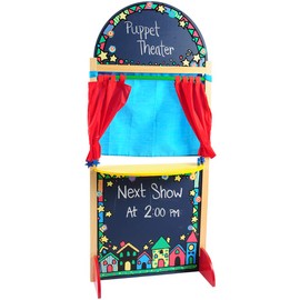 Constructive Playthings Kid-Sized Hardwood Puppet Theater, Includes Chalkboard, Curtain and Backdrop, Durable Constructive, Perform with Toddler Toys or Puppets, All Ages
