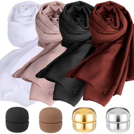 ShinyMatch 4 Set Muslim Hijab Scarfs with Hijab Magnetic Pins Muslim Hijab Head Wrap Scarf Chiffon Scarf for Women Soft Head Scarf Long Wraps Muslim Scarf Hijab Strength Ramadan Outfit for Women