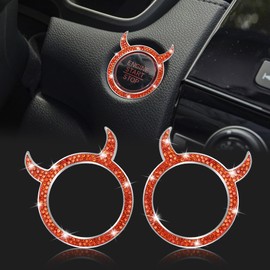 WINKA Bling Car Engine Start Button Cover Universal Push Start Stop Trim Ignition Ring Cap Decor 2pcs Rhinestone Little Devil Keyless Ring Emblem Sparkly for Car Interior Accessories (Navy Orange)