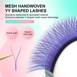 NAGARAKU YY 4D Eyelash Extensions Blue + Purple Color Y Lash 0.07mm D Curl Mix Tray 8-12mm Ready Made Easy Fan Russian Volume Cluster 12 Rows Pre-Fan Eyelashes