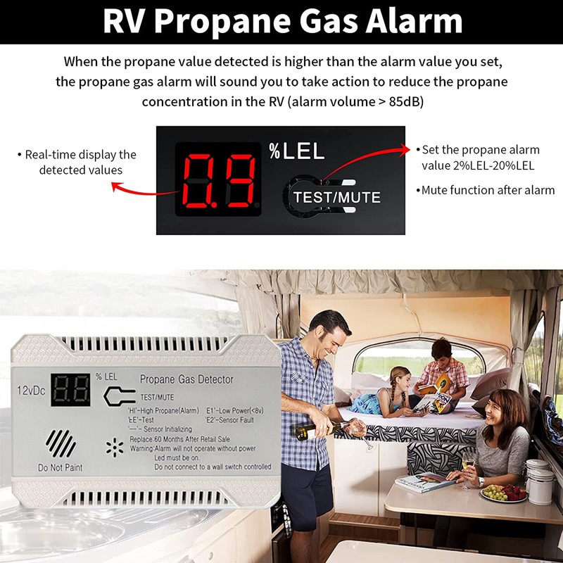 RV Propane Gas Detector 85dB Loud Alarm DC 12V, Mini
