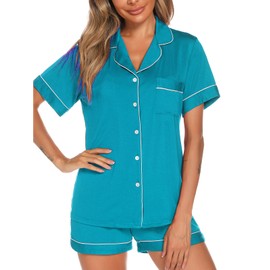 Aamikast Button Up Pajama Set for Women Shorts Short Sleeve Knit Sleepwear 2 Pice Pjs Sets (Large,Lake Blue)
