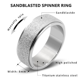 LuckyAmor Men's 8MM Black/Silver/Rainbow Stainless Steel Spinner Ring Band for Anxiety Relief Items for Men Sandblast Glitter Finish Size 7 8 9 10 11 12 (9, Silver)