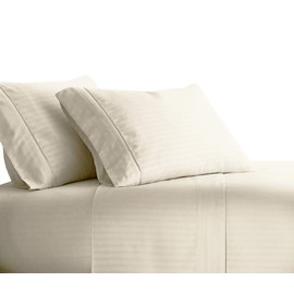 H&H Decor Hotel Premium 4 Pcs Sheet Set 100% Egyptian Cotton Stripe Pattern 600 TC 11-15 Inch Deep Pocket Size (Queen Color Ivory)