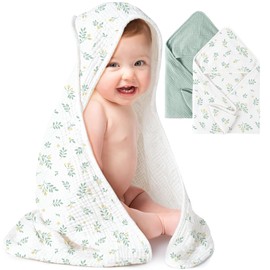 Konssy 2 Pack Muslin Hooded Baby Towels for Newborn Soft 100% Cotton Baby Bath Towel with Hood for Baby, Infant Ultra Absorbent, Baby Stuff Baby Bath Shower Gifts (Green, Leafy,30" x 30")