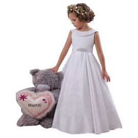 Hengyud Satin White First Communion Dresses for Girls Lace Off Shoulder Flower Girls Dress for Wedding