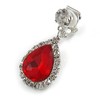Ruby Red/Clear Crystal Teardrop Clip On Earrings In Silver Tone