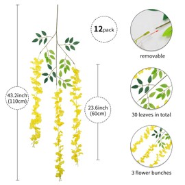 LUZOGA Wisteria Hanging Flowers 12 Pack Wisteria Artificial Flowers Fake Silk Flowers String Vine Ratta Hanging Garland for Home Garden Party Wedding Backdrop Arch Decor (Yellow)