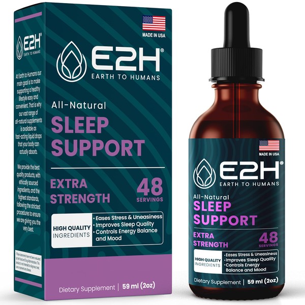 E2H Natural Sleep Support - Liquid Melatonin with Chamomile, Theanine - Sleep Better, Deeper, Longer - Vegan, GMO-Free - Provides Stress Relief - 2 Fl Oz