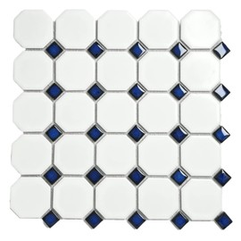 Tenedos Octagon Porcelain Mosaic Tile – Matte White with Glossy Cobalt Blue Dot, Italian Design for Backsplash, Bathroom, Floor & Wall Use (1 Sheet)