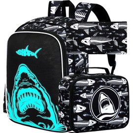 KLFVB 3PCS Shark Bookbag for Boys, Luminous School Backpacks with Lunch Box, 17" Water Resistant Kids Camo Bookbag for Middle Elementary Teens to School Travel - Luminous Shark