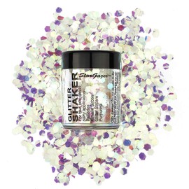 Stargazer Chunky Glitter Shaker, UV White. Cosmetic glitter for use on the eyes, lips, face, body, hair and nails.
