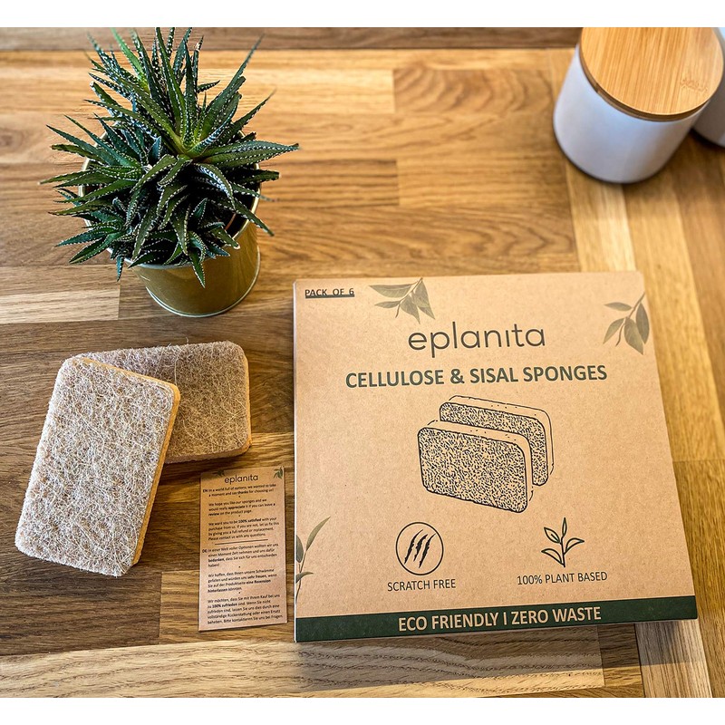 eplanita Natural Plant Based Scrub Sponges (6 Pack), Non-Scratch, Biodegradable