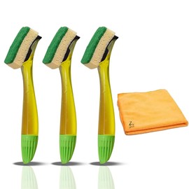 Fillable Washing up Brush with Handle and Zopper Microfiber Cloth -Colour and Design May Vary- Pack of 3 (Design And Color May Vary)