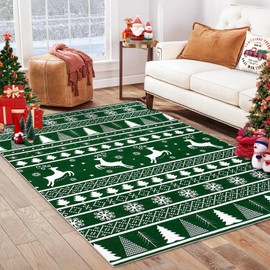 RUGSREAL Christmas Area Rug 4x6 Winter Christmas Tree and Snowflake Rug Cute Deer Non-Slip Rug for Bedroom Machine Washable Floor Cover for Living Room Bedroom, Green, 4x6 Feet