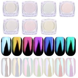 PrettyDiva Chrome Nail Powder - 7 colors Pearl Chrome Nails Powder Aurora Mica Powder Pigment Set, Metallic Nail Powder Mirror Effect White Chrome Powder Iridescent Nails Powder Manicure Pigment