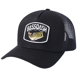 BASSDASH Trucker Hat Embroidered Patch Adjustable Baseball Cap Mesh Back Fishing Hat, Black/Largemouth Bass, One Size